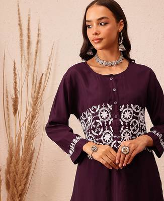 Hand embroidered wine cotton lucknowi chikankari co-ord set 4