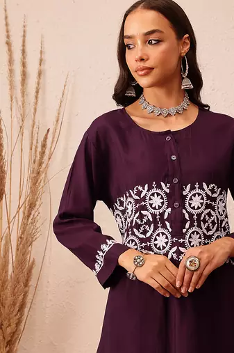 Hand embroidered wine cotton lucknowi chikankari co-ord set