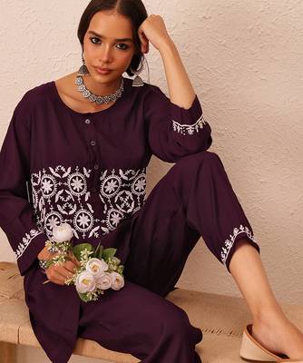 Hand embroidered wine cotton lucknowi chikankari co-ord set 5