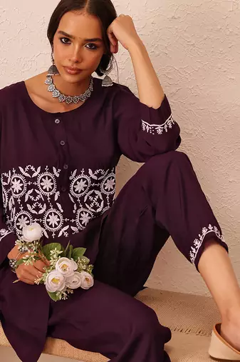 Hand embroidered wine cotton lucknowi chikankari co-ord set