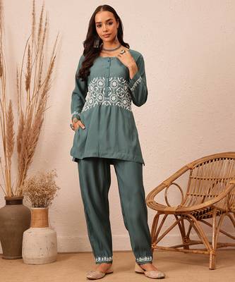 Hand embroidered slate grey cotton lucknowi chikankari co-ord set 1