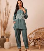 Hand embroidered slate grey cotton lucknowi chikankari co-ord set