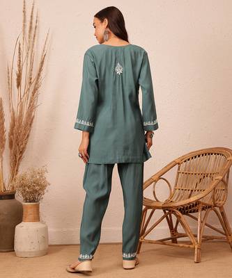 Hand embroidered slate grey cotton lucknowi chikankari co-ord set 2