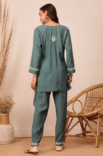Hand embroidered slate grey cotton lucknowi chikankari co-ord set
