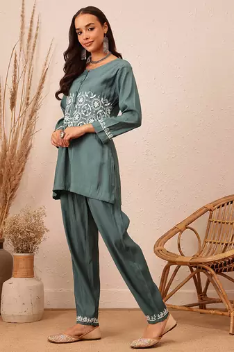Hand embroidered slate grey cotton lucknowi chikankari co-ord set