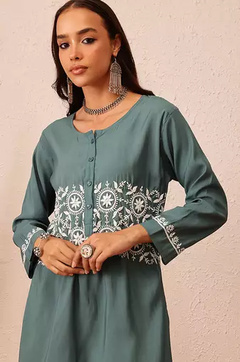 Hand embroidered slate grey cotton lucknowi chikankari co-ord set