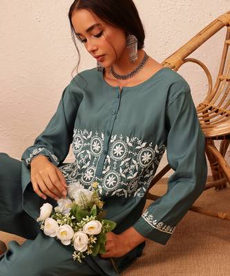 Hand embroidered slate grey cotton lucknowi chikankari co-ord set 5