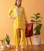 Hand embroidered floral printed yellow cotton lucknowi chikankari co-ord set