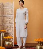 Hand embroidered white cotton lucknowi chikankari straight kurta/palazzo set with muqaish work