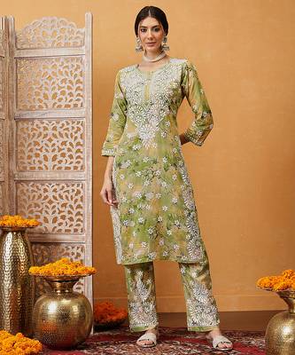 Hand embroidered floral printed green and yellow cotton lucknowi chikankari co-ord set 1