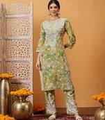 Hand embroidered floral printed green and yellow cotton lucknowi chikankari co-ord set