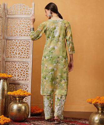 Hand embroidered floral printed green and yellow cotton lucknowi chikankari co-ord set 2