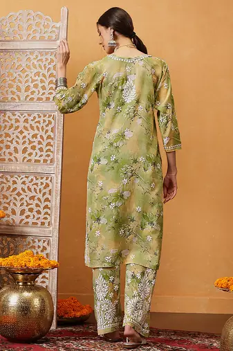 Hand embroidered floral printed green and yellow cotton lucknowi chikankari co-ord set