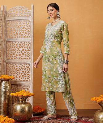 Hand embroidered floral printed green and yellow cotton lucknowi chikankari co-ord set 3