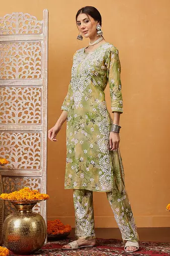 Hand embroidered floral printed green and yellow cotton lucknowi chikankari co-ord set