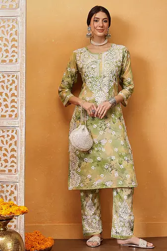 Hand embroidered floral printed green and yellow cotton lucknowi chikankari co-ord set