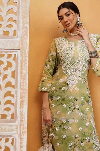 Hand embroidered floral printed green and yellow cotton lucknowi chikankari co-ord set