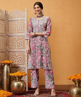 Hand embroidered floral printed pink and grey cotton lucknowi chikankari co-ord set 1