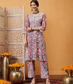 Hand embroidered floral printed pink and grey cotton lucknowi chikankari co-ord set