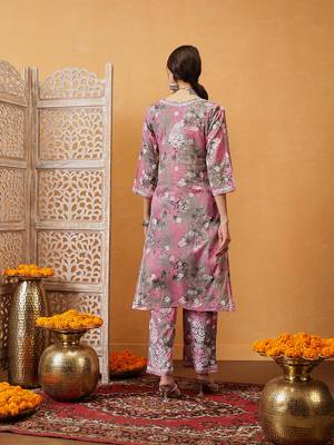 Hand embroidered floral printed pink and grey cotton lucknowi chikankari co-ord set 2