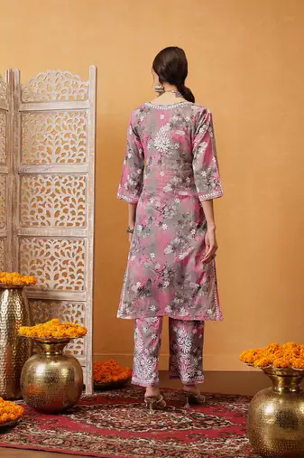 Hand embroidered floral printed pink and grey cotton lucknowi chikankari co-ord set