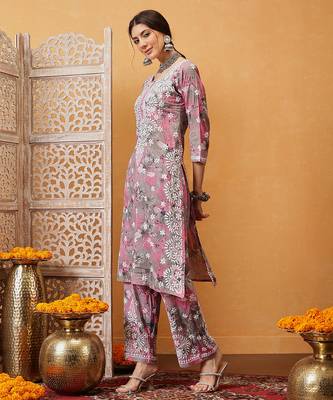 Hand embroidered floral printed pink and grey cotton lucknowi chikankari co-ord set 3