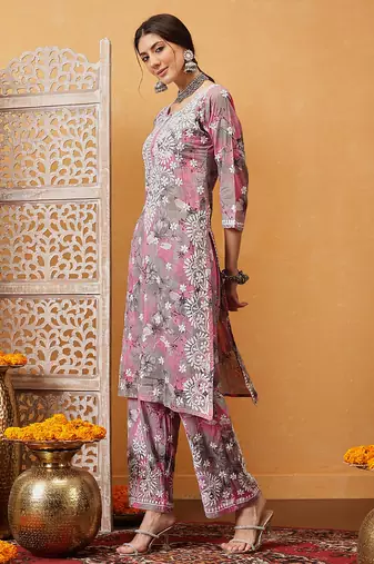Hand embroidered floral printed pink and grey cotton lucknowi chikankari co-ord set