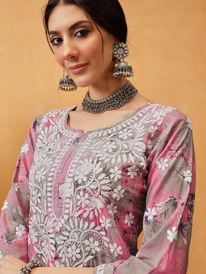 Hand embroidered floral printed pink and grey cotton lucknowi chikankari co-ord set 4
