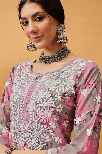 Hand embroidered floral printed pink and grey cotton lucknowi chikankari co-ord set