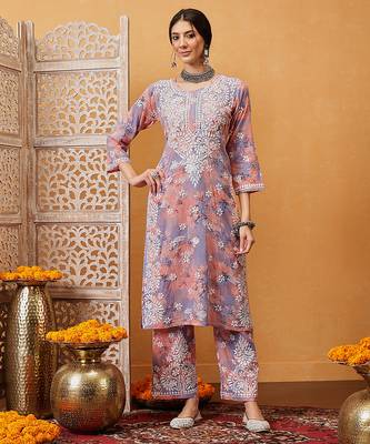 Hand embroidered floral printed peach and purple cotton lucknowi chikankari co-ord set 1