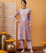 Hand embroidered floral printed peach and purple cotton lucknowi chikankari co-ord set