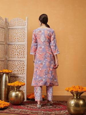 Hand embroidered floral printed peach and purple cotton lucknowi chikankari co-ord set 2