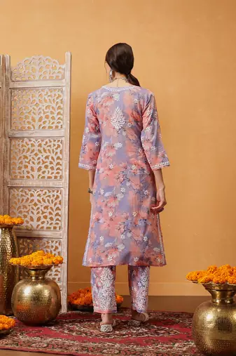 Hand embroidered floral printed peach and purple cotton lucknowi chikankari co-ord set