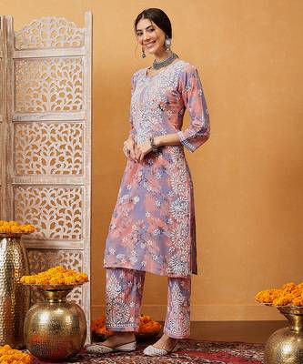 Hand embroidered floral printed peach and purple cotton lucknowi chikankari co-ord set 3