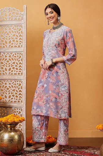 Hand embroidered floral printed peach and purple cotton lucknowi chikankari co-ord set