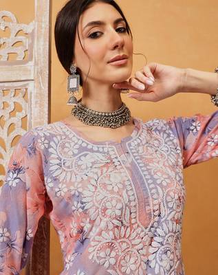 Hand embroidered floral printed peach and purple cotton lucknowi chikankari co-ord set 4