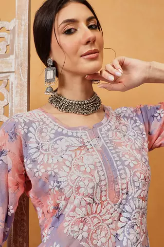 Hand embroidered floral printed peach and purple cotton lucknowi chikankari co-ord set