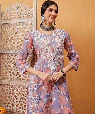 Hand embroidered floral printed peach and purple cotton lucknowi chikankari co-ord set 5