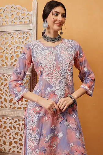Hand embroidered floral printed peach and purple cotton lucknowi chikankari co-ord set