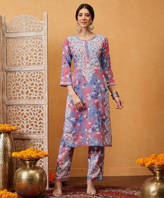 Hand embroidered floral printed carrot pink and blue cotton lucknowi chikankari co-ord set 1