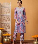 Hand embroidered floral printed carrot pink and blue cotton lucknowi chikankari co-ord set