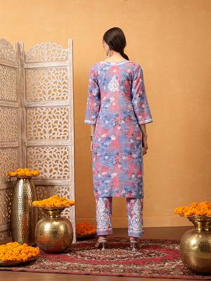 Hand embroidered floral printed carrot pink and blue cotton lucknowi chikankari co-ord set 2