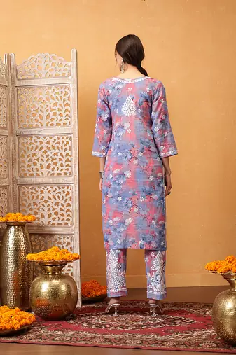 Hand embroidered floral printed carrot pink and blue cotton lucknowi chikankari co-ord set