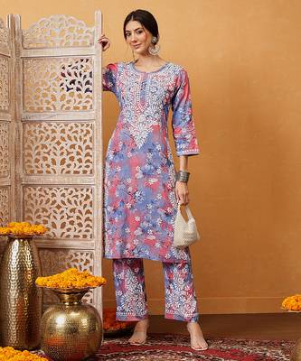 Hand embroidered floral printed carrot pink and blue cotton lucknowi chikankari co-ord set 3