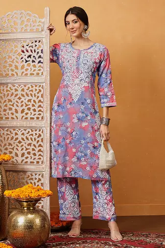 Hand embroidered floral printed carrot pink and blue cotton lucknowi chikankari co-ord set