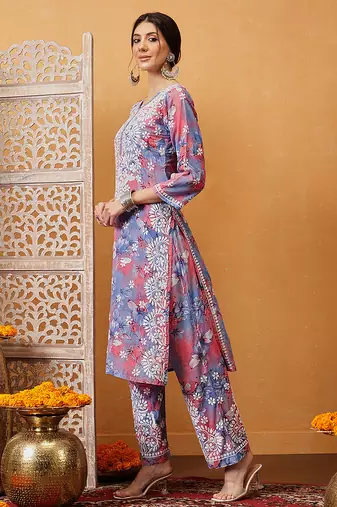 Hand embroidered floral printed carrot pink and blue cotton lucknowi chikankari co-ord set