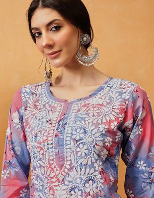 Hand embroidered floral printed carrot pink and blue cotton lucknowi chikankari co-ord set 5
