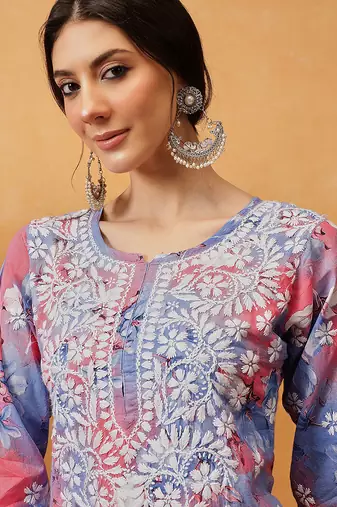Hand embroidered floral printed carrot pink and blue cotton lucknowi chikankari co-ord set