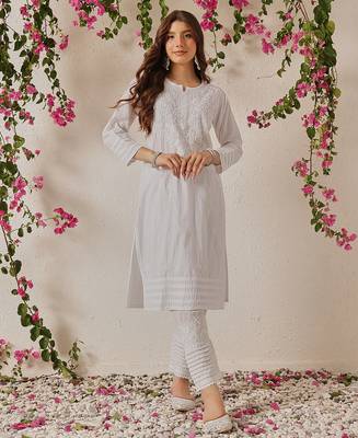 Hand embroidered white cotton lucknowi chikankari co-ord set 1