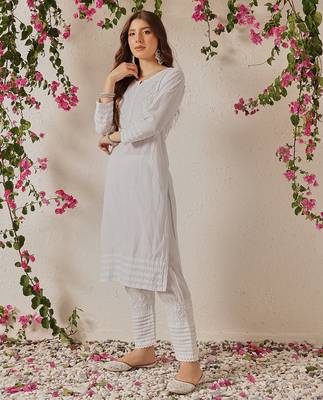 Hand embroidered white cotton lucknowi chikankari co-ord set 3